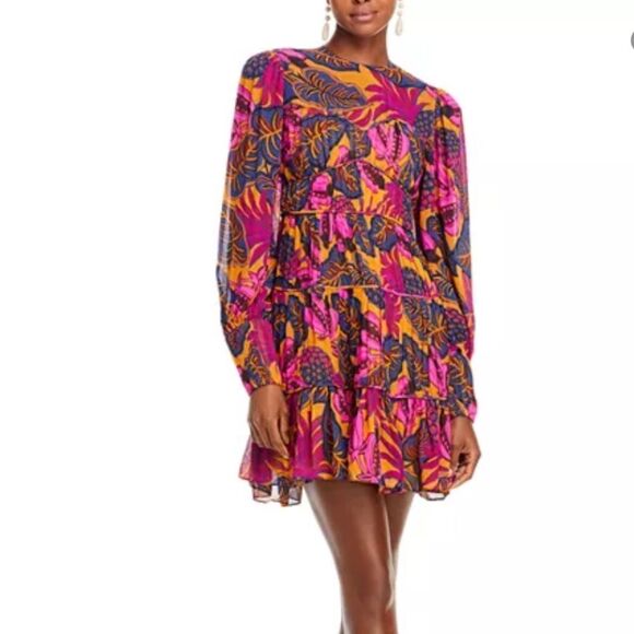 FARM RIO Pink Yellow Fruit Dream Long Sleeve Ruffle Pleated Mini Small $265 - Picture 10 of 14